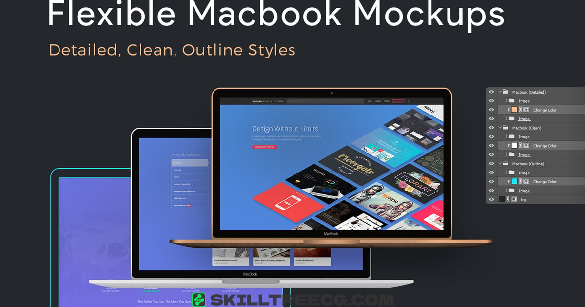 Flexible Macbook Mockups: Detailed, Clean, Outline（240703）-技能树